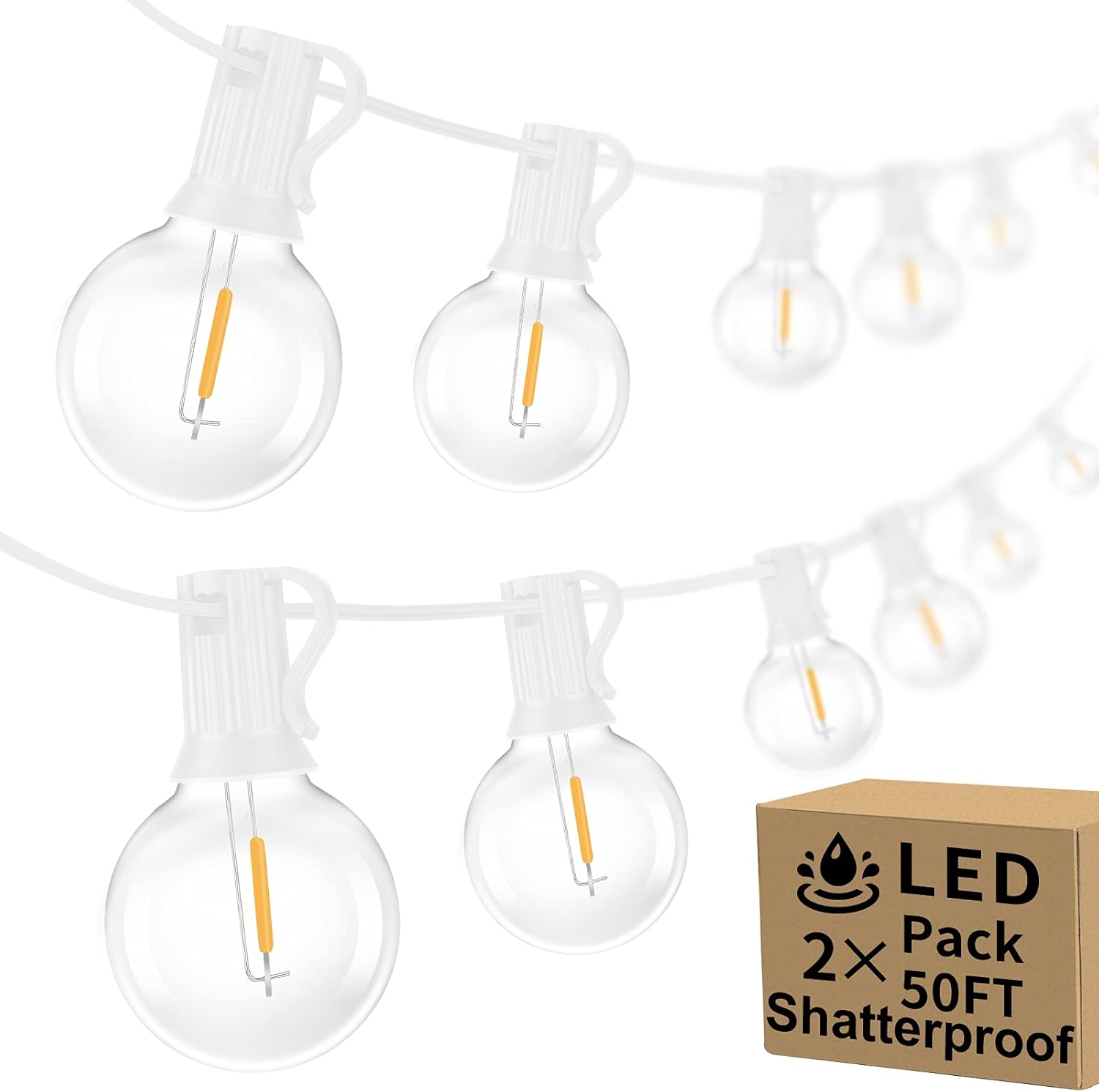 100ft 2-Pack Outdoor G40 LED Globe String Lights Dimmable Waterproof Shatterproof Light Strings with 52 Bulbs Connectable Commercial Hanging Lights for Christmas Patio House Backyard Balcony Party