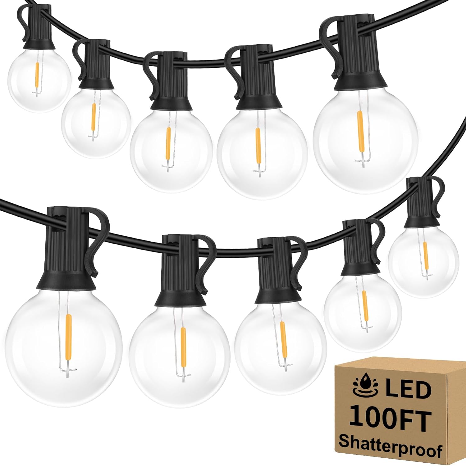 100ft 2-Pack Outdoor G40 LED Globe String Lights Dimmable Waterproof Shatterproof Light Strings with 52 Bulbs Connectable Commercial Hanging Lights for Christmas Patio House Backyard Balcony Party