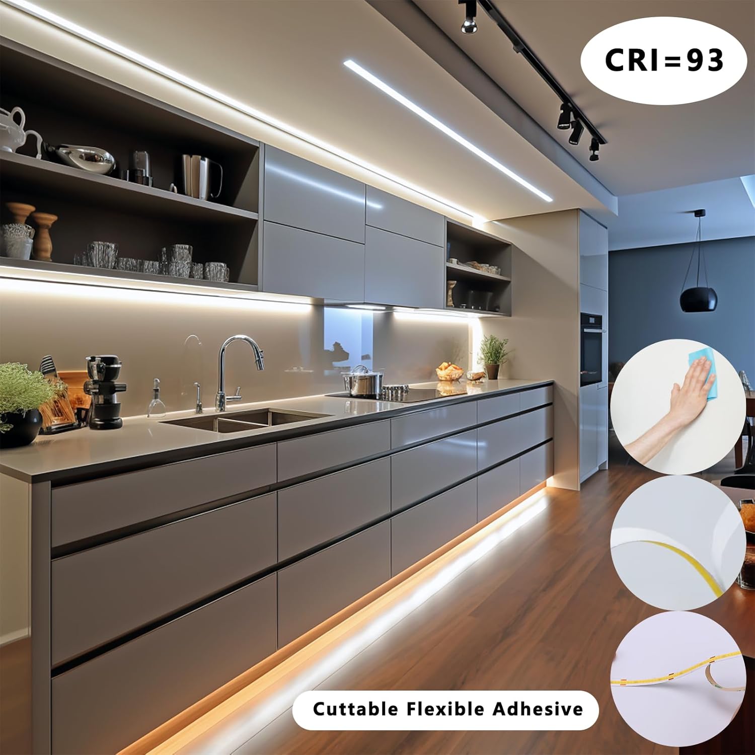12V COB LED Under Cabinet Strip Lighting Kit 32.8ft, 4000K Natural White Cuttable LED Tape Lights 8W/M CRI 93 320LEDs/M with Dimmer and Power Supply for Kitchen Bookcase Shelf Display