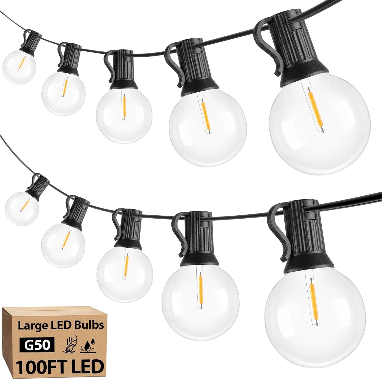 100ft 2-Pack Outdoor G40 LED Globe String Lights Dimmable Waterproof Shatterproof Light Strings with 52 Bulbs Connectable Commercial Hanging Lights for Christmas Patio House Backyard Balcony Party