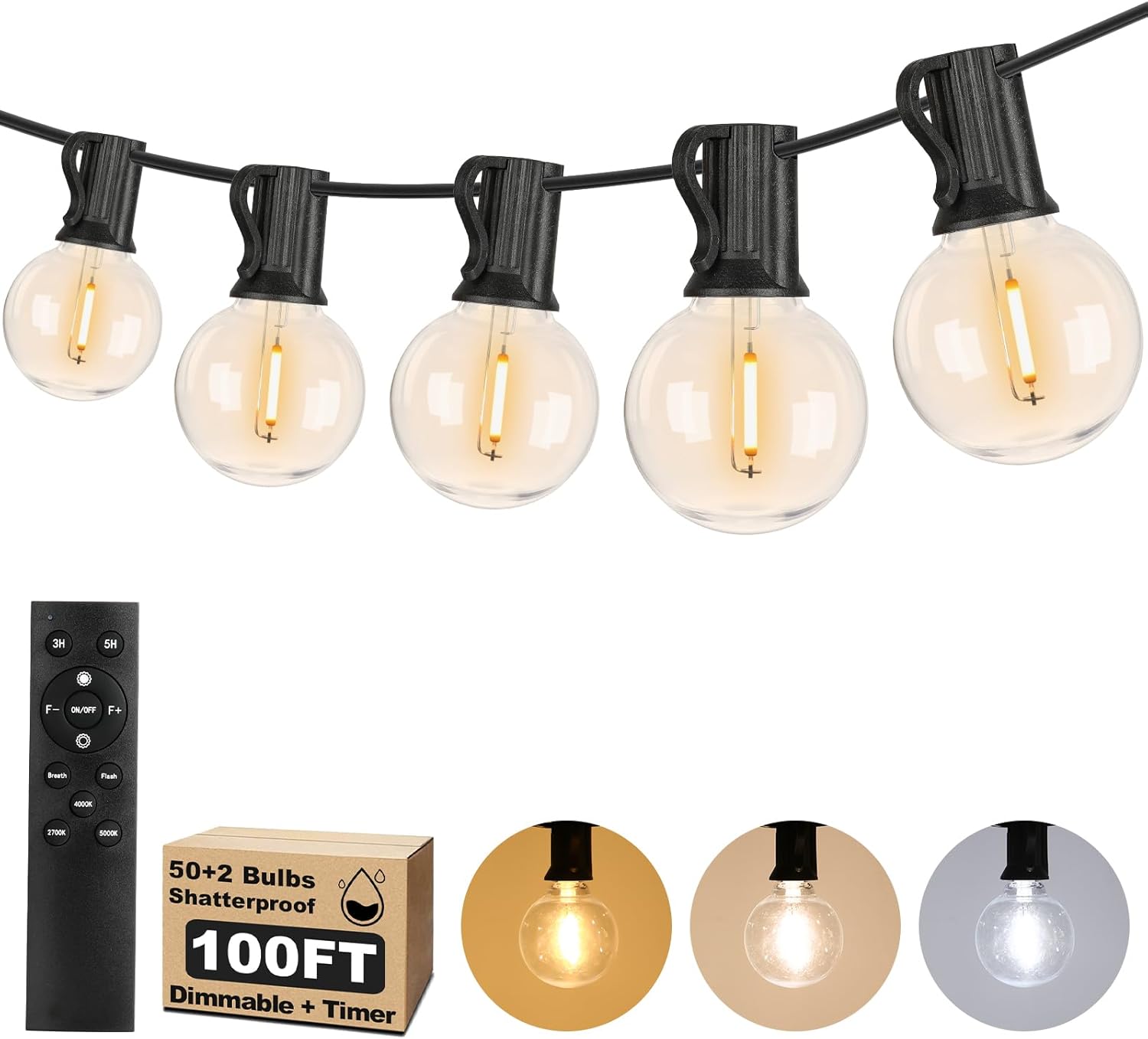 100ft 2-Pack Outdoor G40 LED Globe String Lights Dimmable Waterproof Shatterproof Light Strings with 52 Bulbs Connectable Commercial Hanging Lights for Christmas Patio House Backyard Balcony Party