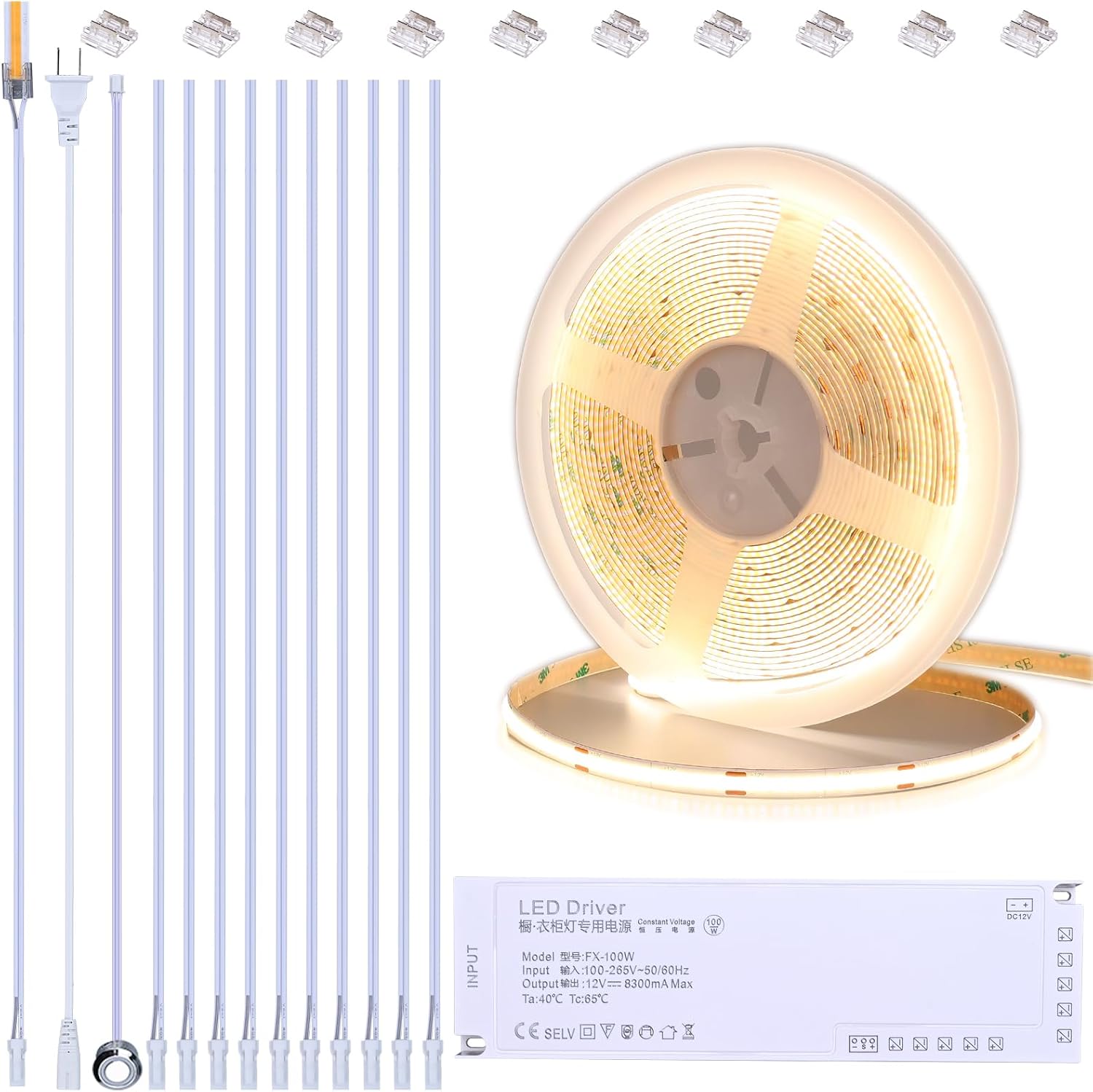 12V COB LED Under Cabinet Strip Lighting Kit 32.8ft, 4000K Natural White Cuttable LED Tape Lights 8W/M CRI 93 320LEDs/M with Dimmer and Power Supply for Kitchen Bookcase Shelf Display