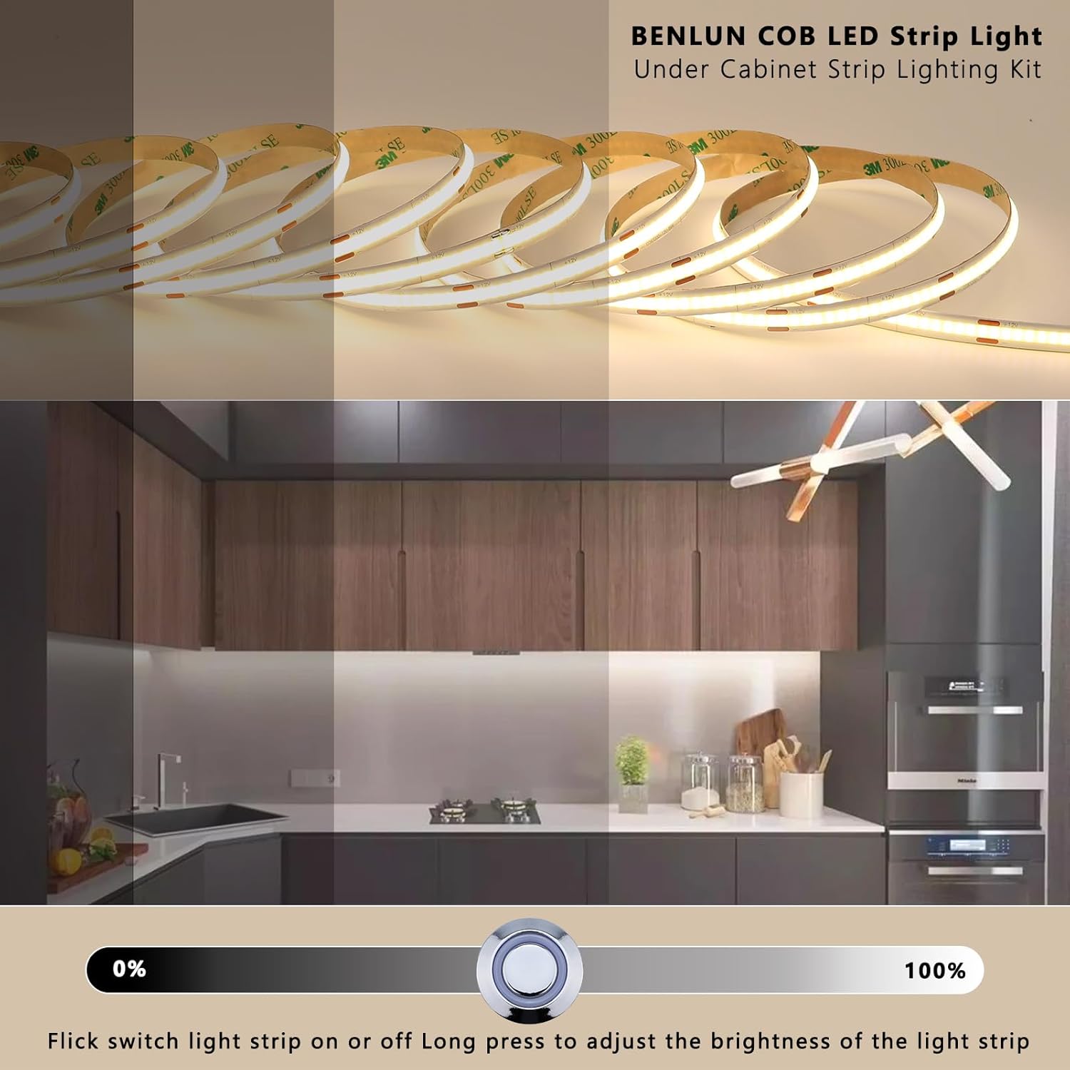 12V COB LED Under Cabinet Strip Lighting Kit 32.8ft, 4000K Natural White Cuttable LED Tape Lights 8W/M CRI 93 320LEDs/M with Dimmer and Power Supply for Kitchen Bookcase Shelf Display
