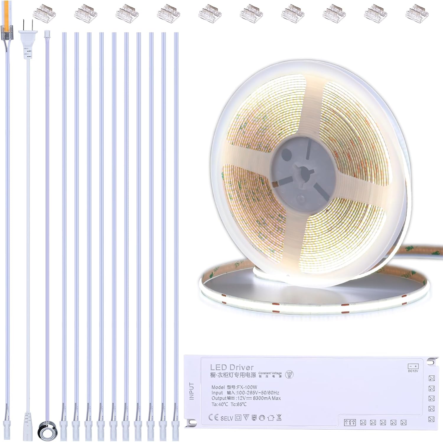 12V COB LED Under Cabinet Strip Lighting Kit 32.8ft, 4000K Natural White Cuttable LED Tape Lights 8W/M CRI 93 320LEDs/M with Dimmer and Power Supply for Kitchen Bookcase Shelf Display