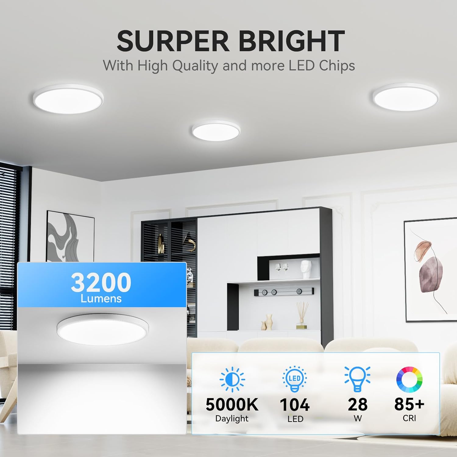 6PACK 3200lm LED Flush Mount Ceiling Light, Super Slim 12 inch LED Ceiling Light, 5000K Daylight LED Ceiling Light for Bedroom, Living Room, Dining Room, Garage and Office (White, Six Pack)