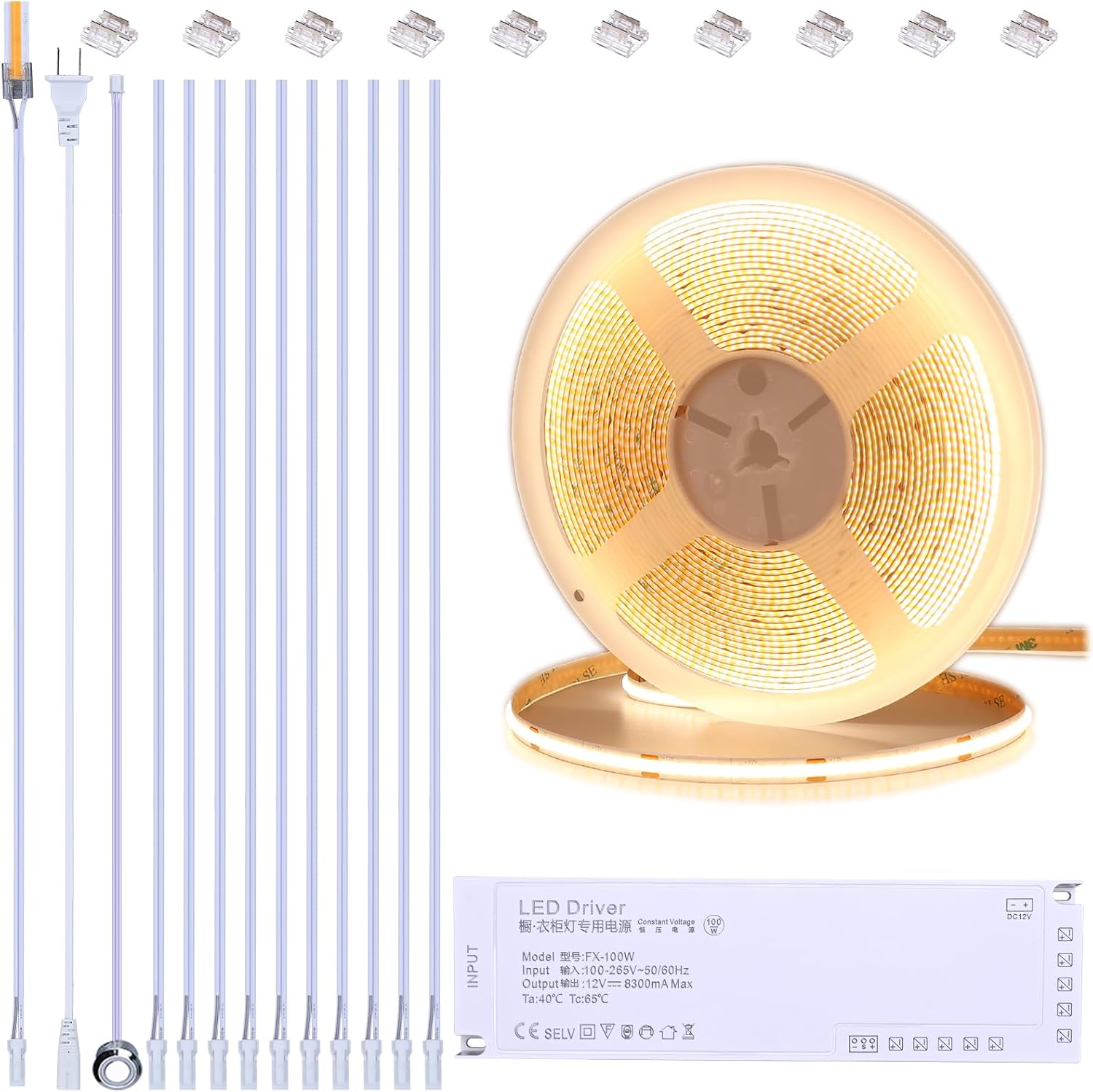 12V COB LED Under Cabinet Strip Lighting Kit 32.8ft, 4000K Natural White Cuttable LED Tape Lights 8W/M CRI 93 320LEDs/M with Dimmer and Power Supply for Kitchen Bookcase Shelf Display