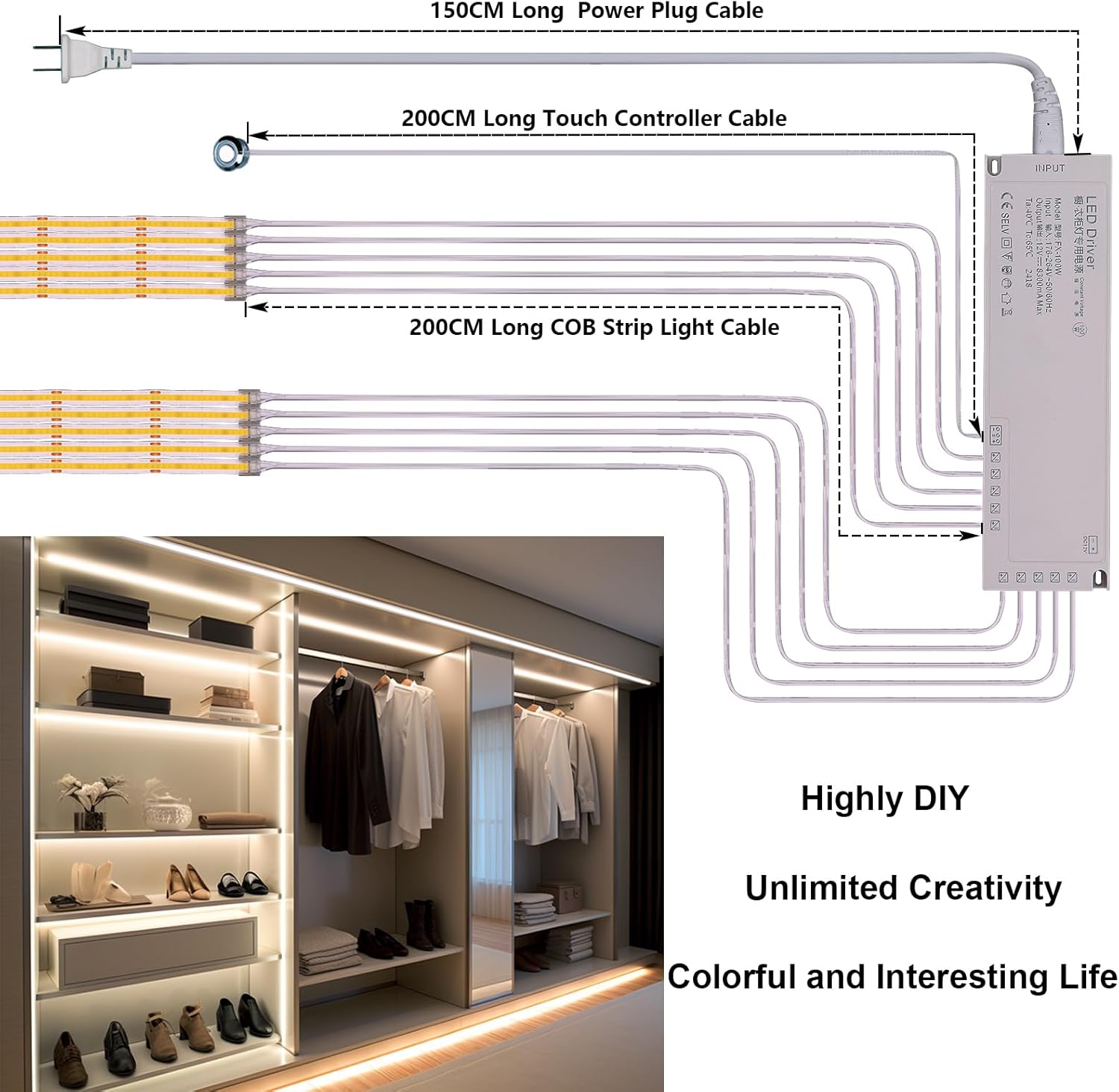 12V COB LED Under Cabinet Strip Lighting Kit 32.8ft, 4000K Natural White Cuttable LED Tape Lights 8W/M CRI 93 320LEDs/M with Dimmer and Power Supply for Kitchen Bookcase Shelf Display