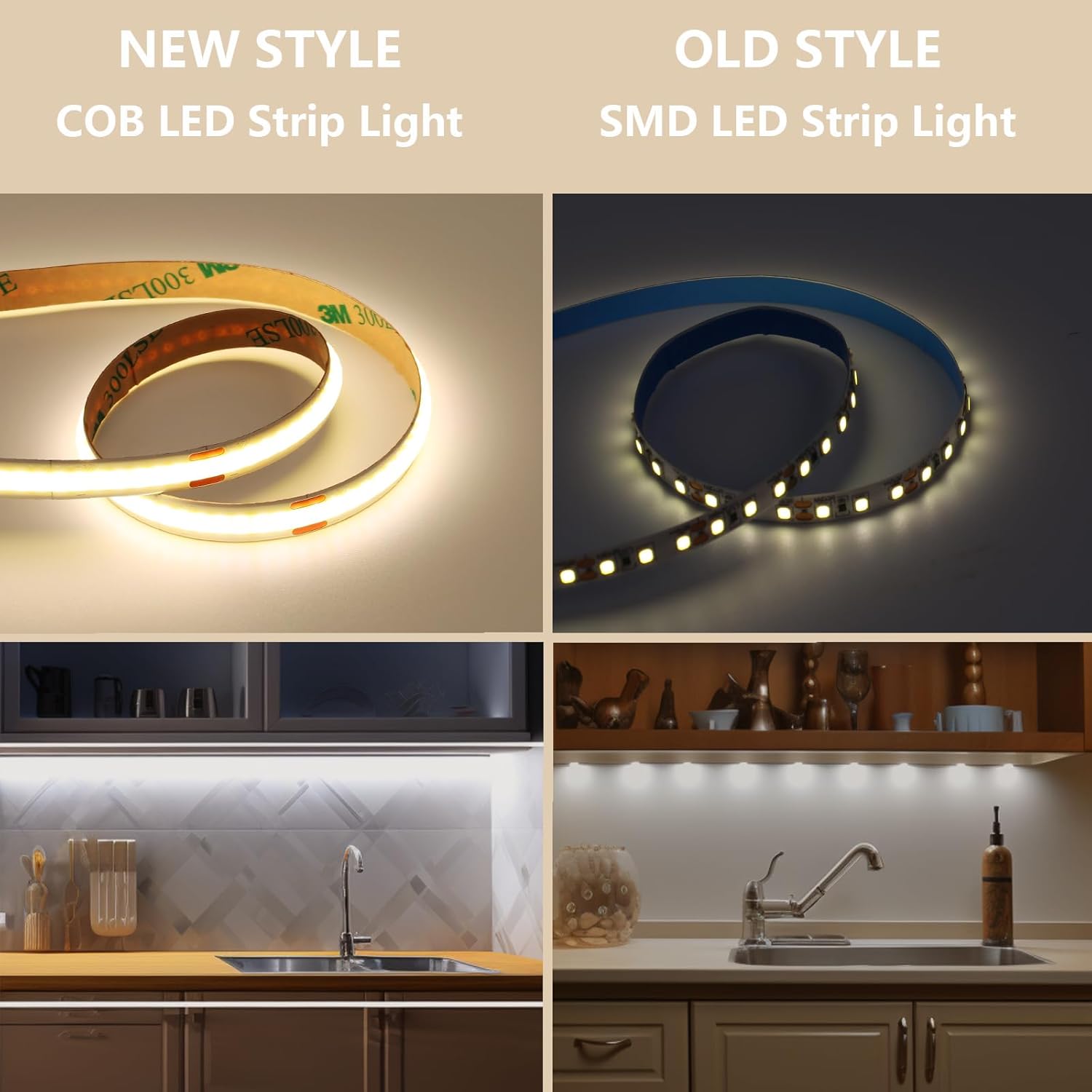 12V COB LED Under Cabinet Strip Lighting Kit 32.8ft, 4000K Natural White Cuttable LED Tape Lights 8W/M CRI 93 320LEDs/M with Dimmer and Power Supply for Kitchen Bookcase Shelf Display