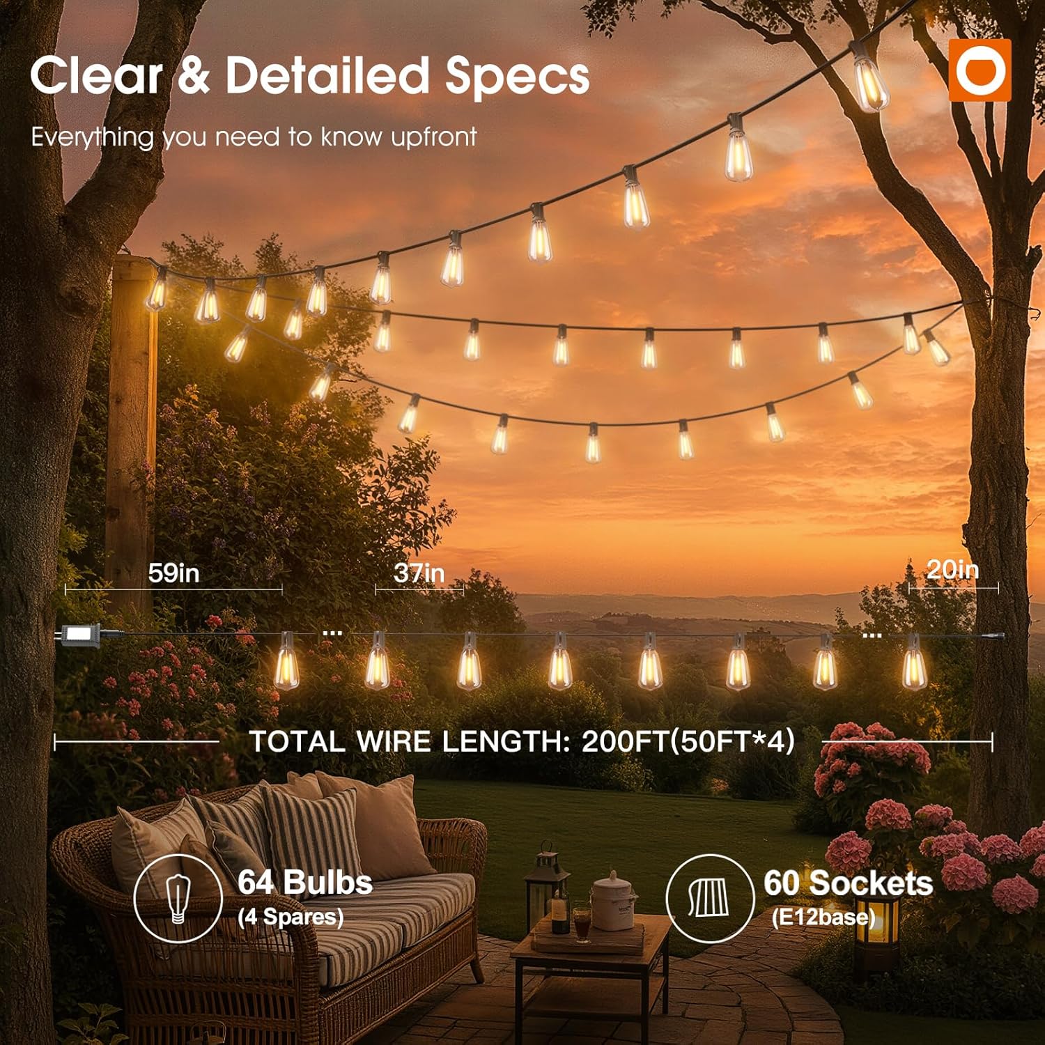 addlon 200FT(50FT*4) Outdoor String Lights with Remote,Waterproof Patio Lights ETL Listed with Shatterproof Dimmable ST38 LED Bulbs Connectable Outdoor Lighting for Backyard Bistro Garden Bistro